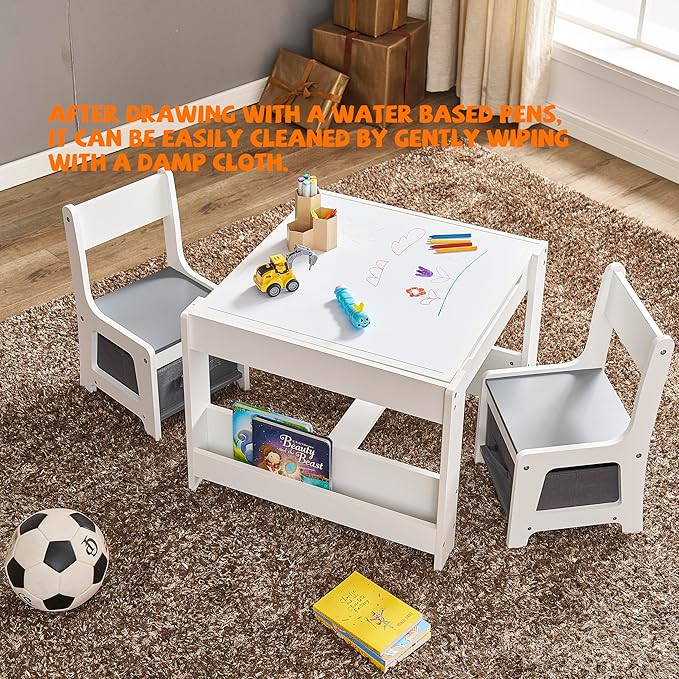 Kids Table and Chair Set, 3 in 1 Wooden Activity Table with Storage Drawer for Toddlers Drawing, Reading, Crafts, 2 in 1 Detachable Tabletop Table Set for Nursery, Playroom (Gray & White)