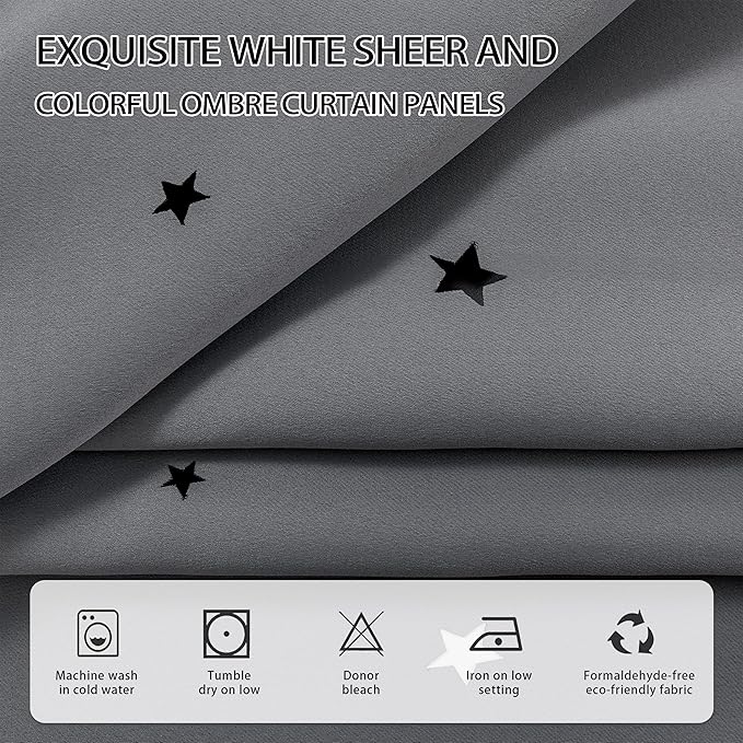 XiDi Star Curtains for Bedroom,Curtains for Girls Bedroom Decor,Kids Curtains 2 Panel Set,Blackout Curtains for Living Room Curtains 63 inches Long 2 Panel Grey