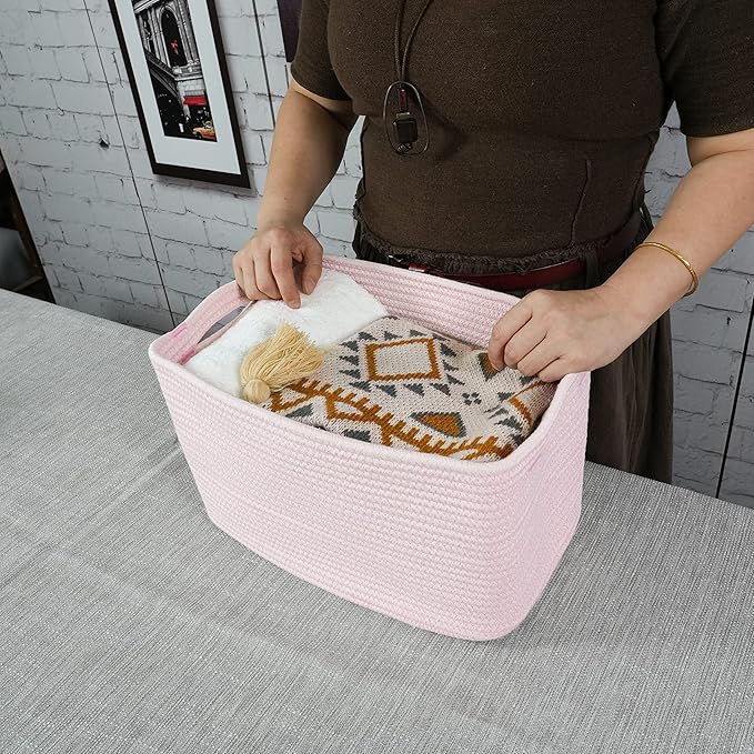 Cotton Rope storage Basket Bins Woven Basket for Organizing Shelves 14.5X9.5X9.3" Rectangle Decorative Baskets For storage Clothes Toys Books Towels Nursery basket organizer 3 pack light pink
