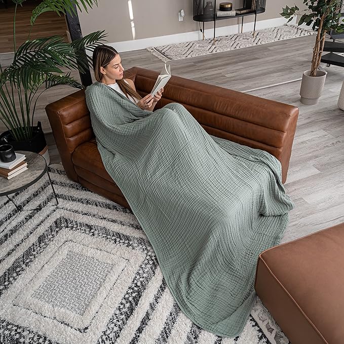 Comfy Cubs Muslin Throw Blanket - 50” x 60” Quilted Design - Lightweight, Breathable 6-Layer Gauze Fabric - Soft Cotton Blanket for Home or Travel - Packaged in Elegant Gift Box - Fern