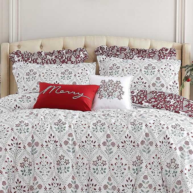 Southshore Fine Living, Inc. 5-Piece Reversible Christmas Comforter Set Twin/Extra Long, Twin Christmas Bedding, Red & White Holiday Bedding, 2 Throw Pillows, 2 Shams - Holiday Harmony