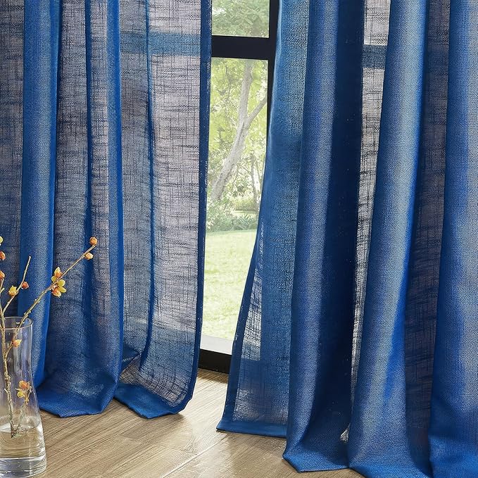 FMFUNCTEX Linen Semi Sheer Curtains for Bedroom, Navy Blue Curtains 84 Inches Long for Living Room, Country Farmhouse Sheer Drapes, Light Filtering Window Curtain, Grommet Top 2 Panels