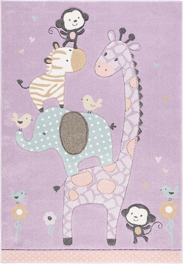 SAFAVIEH Carousel Kids Collection Area Rug - 6'7" x 9', Purple, Animal Design, Ideal for High Traffic Area for Boys & Girls in Playroom, Nursery, Bedroom (CRK120V-6)