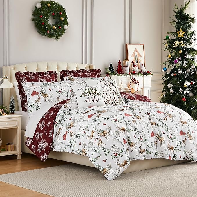Southshore Fine Living, Inc. 7-Piece Reversible Christmas Comforter Set Queen/Full, Farmhouse Christmas Bedding Queen, Holiday Bedding, 4 Shams, 2 Throw Pillows- White Christmas