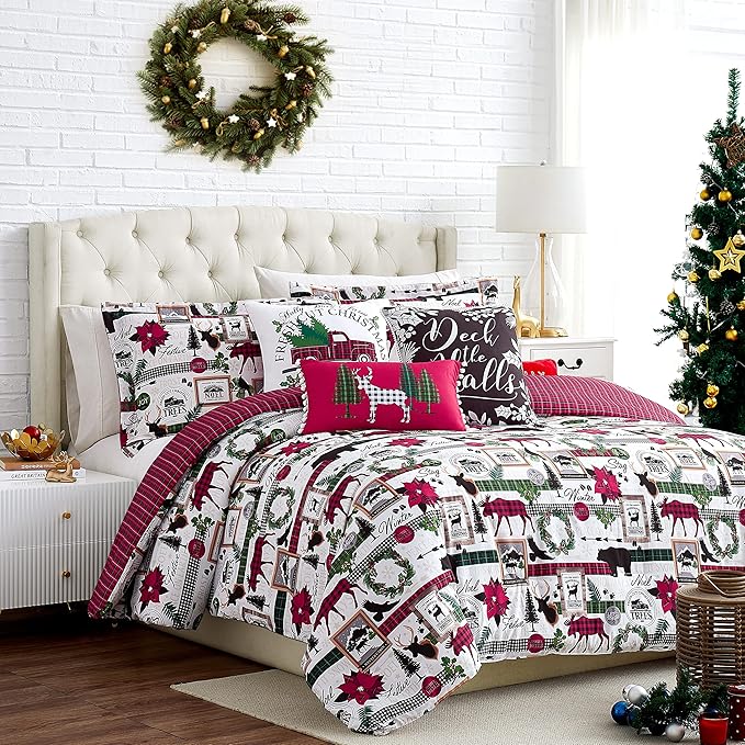 Southshore Fine Living, Inc. Merry Town Christmas Comforter Set, King/Cal King Size Christmas Bedding Set, 6-Piece w/Shams & Holiday Throw Pillow; Reversible Red Plaid Comforter & Rustic Cabin Print