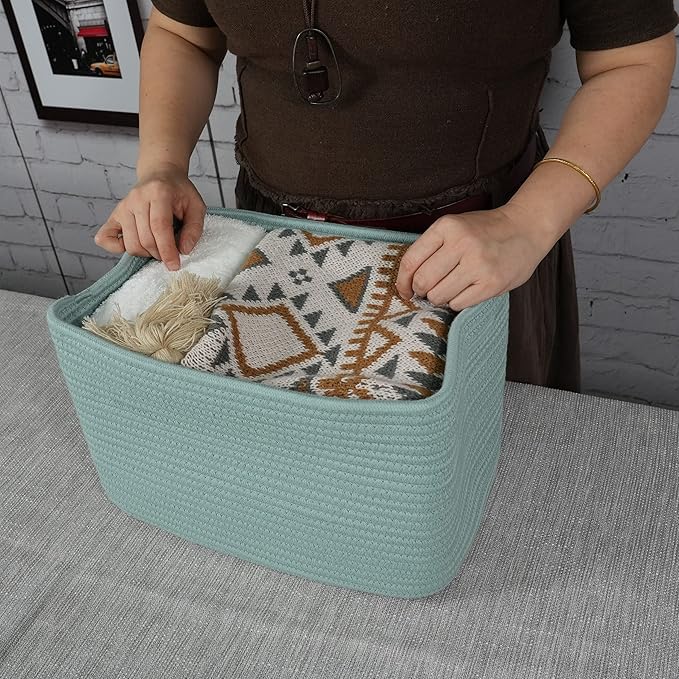 Cotton Rope storage Basket Bins Woven Basket for Organizing Shelves 14.5X9.5X9.3" Rectangle Decorative Baskets For storage Clothes Toys Books Towels Nursery basket organizer 3 pack Green