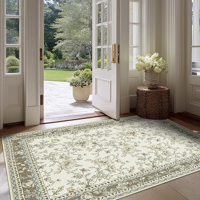 Beige Taupe Floral Area Rug for Entryway 2x3 Washable Small Rug Low Pile Non Slip Distressed Entry Mat Soft Farmhouse Indoor Entrance Door Mat for Kitchen Bedroom Greyish Beige Tan Floral Design