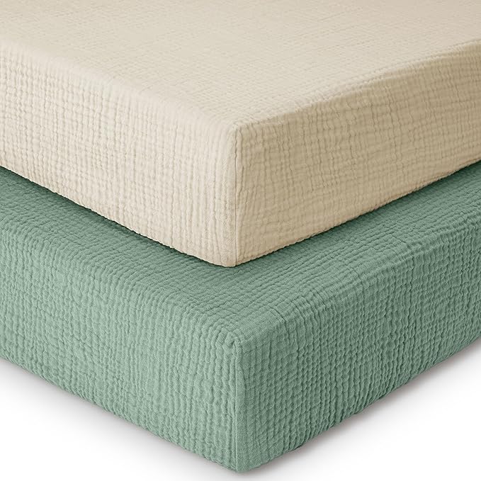Yoofoss Muslin Crib Sheets for Boys Girls 100% Cotton Fitted Baby Crib Sheet 2 Pack Soft and Breathable for Standard Crib Mattress & Toddler Mattress 52"x28" Apricot&Green