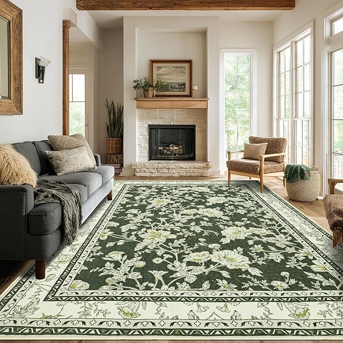 Olive Green Floral Print Area Rugs for Bedroom Living Room Boho Farmhouse Country Rustic Dining Room Carpet Soft Washable Rugs Non Slip Floor Covering for Nursery Playroom 5x7